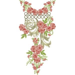 Romantic Coral Floral Neckline Embroidery Design with Elegant Baroque Scrollwork