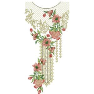 Elegant Peach Floral Neckline Embroidery with Ornamental Gold Scroll and Net Pattern