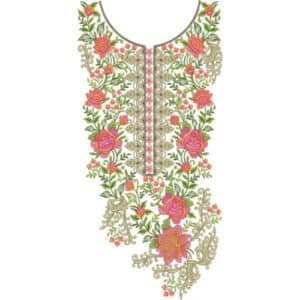 Luxurious Rose Garden Neckline Embroidery Design with Elegant Golden Scroll Details