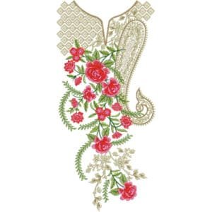 Elegant Red Rose Asymmetrical Neckline Embroidery Design with Golden Paisley and Geometric Pattern