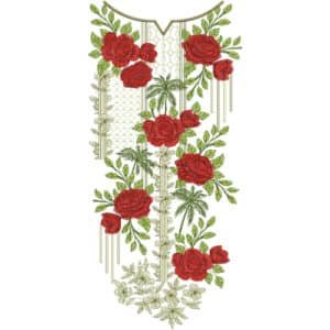 Luxury Red Rose Vertical Neckline Embroidery Design with Elegant Floral Vines and Geometric Mesh