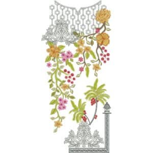 Elegant Floral Neckline Embroidery Design with Tropical Leaves and Geometric Pattern