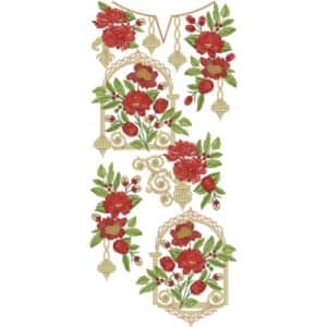 Luxury Red Floral Neckline Embroidery Design with Ornamental Frames and Hanging Tassel Motifs