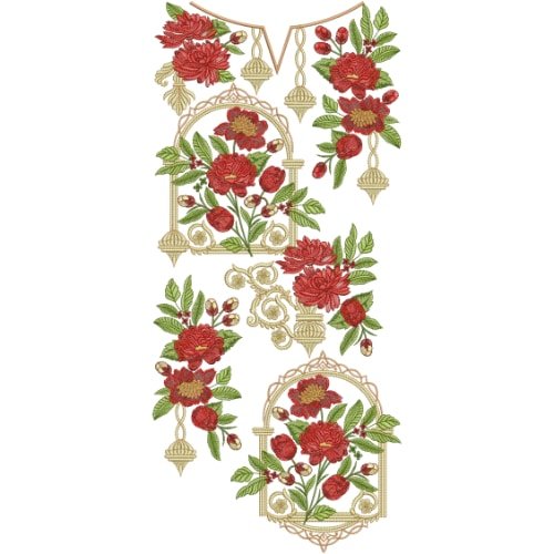 Luxury Red Floral Neckline Embroidery Design with Ornamental Frames and Hanging Tassel Motifs