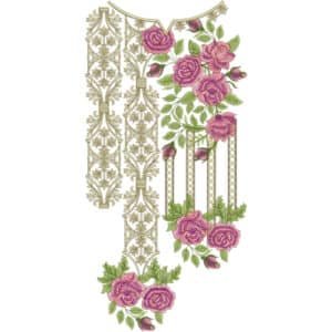Luxury Rose Vine Neckline Embroidery Design with Ornamental Gold Panels