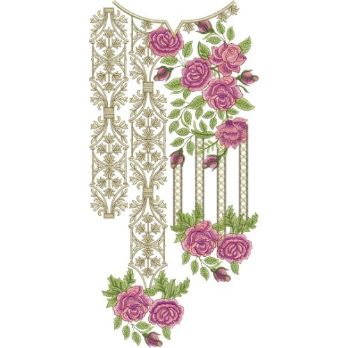 Luxury Rose Vine Neckline Embroidery Design with Ornamental Gold Panels
