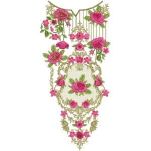 Elegant Pink Rose Neckline Embroidery Design with Ornamental Frame and Hanging Details
