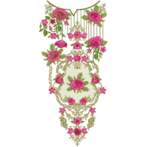 Elegant Pink Rose Neckline Embroidery Design with Ornamental Frame and Hanging Details