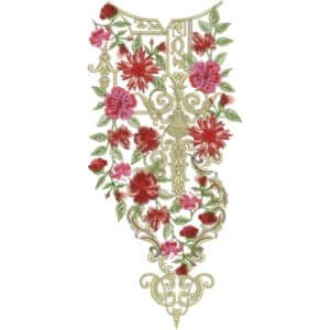 Luxury Red Floral Neckline Embroidery Design with Ornamental Gold Scrollwork