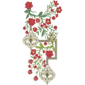 Elegant Red Rose & Ornamental Frame Embroidery Neckline Design for Luxury Women’s Wear