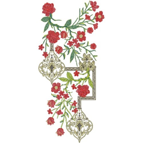 Elegant Red Rose & Ornamental Frame Embroidery Neckline Design for Luxury Women’s Wear