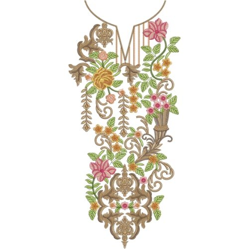 Luxury Floral Baroque Embroidery Neckline Design with Ornamental Scrollwork