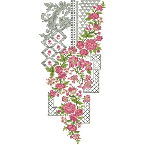 Elegant Pink Rose Floral Embroidery Neckline with Geometric Frame and Ornamental Leaf Motifs