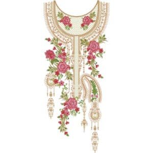 Luxury Royal Rose Neckline Embroidery with Ornamental Jewelry Tassel and Golden Lace Details