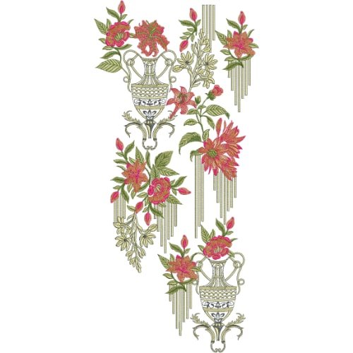 Elegant Floral Vase Neckline Embroidery with Hanging Tassel and Rose Garden Motif