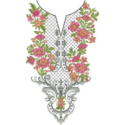 Royal Floral Vine Neckline Embroidery with Ornamental Scroll and Lattice Pattern