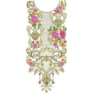 Luxury Baroque Floral Neckline Embroidery with Ornamental Basket and Zigzag Fill Design