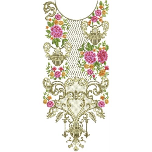 Luxury Baroque Floral Neckline Embroidery with Ornamental Basket and Zigzag Fill Design