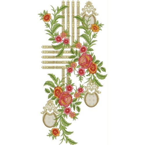 Elegant Geometric Floral Neckline Embroidery with Ornamental Frame and Rose Vine Design