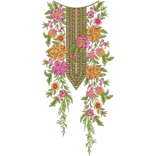 Luxurious Floral V-Neck Embroidery Design with Golden Panel and Cascading Blossom Vines