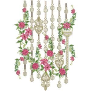 Luxury Floral Hanging Style Neckline Embroidery Design with Geometric Chains and Rose Motif