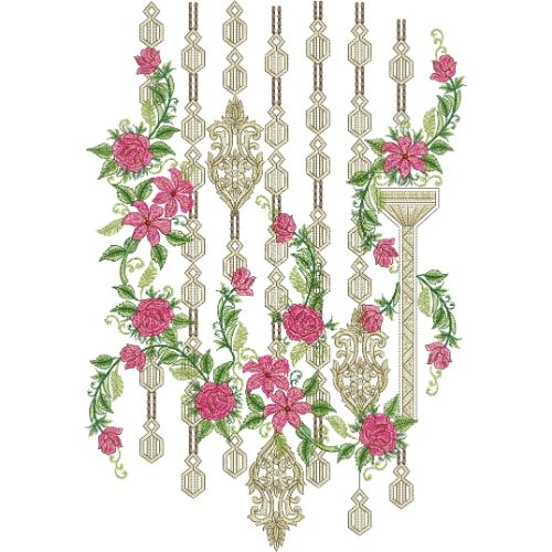 Luxury Floral Hanging Style Neckline Embroidery Design with Geometric Chains and Rose Motif