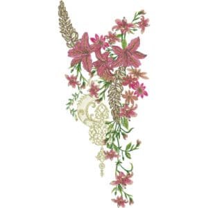 Elegant Asymmetrical Floral Neckline Embroidery Design with Pink Lily Flowers and Ornamental Motif