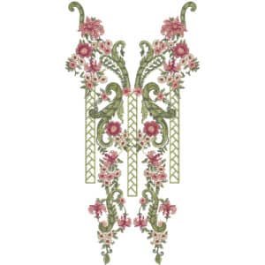 Royal Symmetrical Floral Neckline Embroidery Design with Vintage Scroll and Rose Pattern