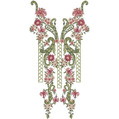 Royal Symmetrical Floral Neckline Embroidery Design with Vintage Scroll and Rose Pattern