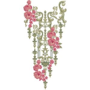 Luxury Baroque Floral V-Neckline Embroidery Design with Pink Roses and Royal Ornamental Pattern
