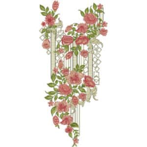 Elegant Floral Drop Style Neckline Embroidery Design with Pink Roses and Geometric Hanging Pattern