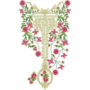 Royal T-Shape Floral Neckline Embroidery Design with Pink Blossoms and Ornamental Frame