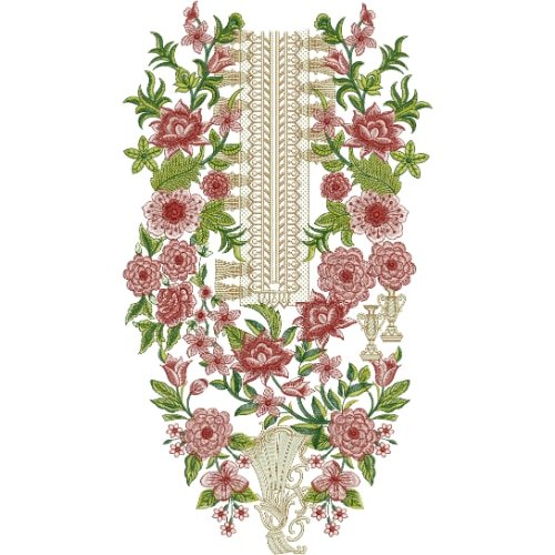 Luxury Heavy Floral Neckline Embroidery Design with Rose Clusters and Ornamental Panel
