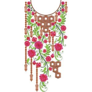 Modern Geometric Floral Neckline Embroidery Design with Rose Vines and Honeycomb Pattern