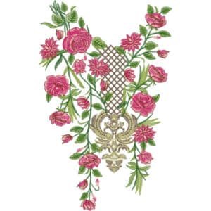 Elegant V-Shape Rose Floral Neckline Embroidery Design with Vintage Lattice Ornament