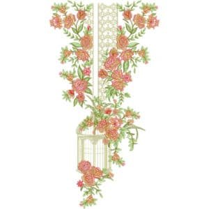 Elegant Floral Cage Style Neckline Embroidery Design with Peach Roses and Hanging Vines