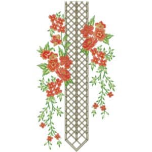 Stylish Floral Panel Neckline Embroidery Design with Orange Blossoms and Lattice Pattern