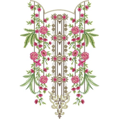 Royal Symmetrical Floral Neckline Embroidery Design with Rose Vines and Ornamental Panel