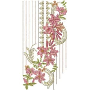Elegant Side Hanging Lily Neckline Embroidery Design with Ornamental Swirl and Chain Detail