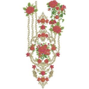 Luxury Royal Floral Neckline Embroidery Design with Pink Roses and Baroque Ornament