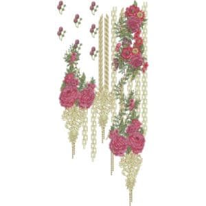 Luxury Hanging Rose Neckline Embroidery Design with Ornamental Chains and Floral Vines