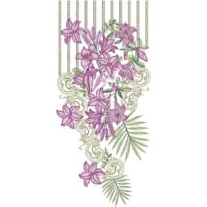 Elegant Hanging Lily Floral Neckline Embroidery Design with Ornamental Swirl Detail