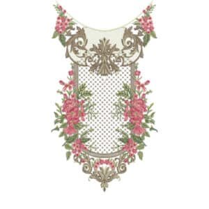 Royal Net Style Floral Neckline Embroidery Design with Pink Roses and Vintage Ornament