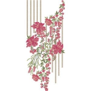 Elegant Hanging Floral Neckline Embroidery Design with Pink Blossoms and Chain Tassel Detail