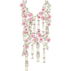 Elegant Hanging Floral V-Neckline Embroidery Design with Vintage Pillar and Blossom Pattern