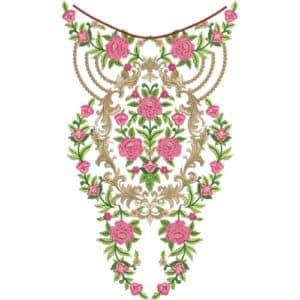 Royal Baroque Floral Neckline Embroidery Design with Pink Roses and Pearl Chain Detail