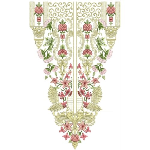 Classic Mughal Floral Neckline Embroidery Design with Ornamental Scroll and Symmetrical Pattern