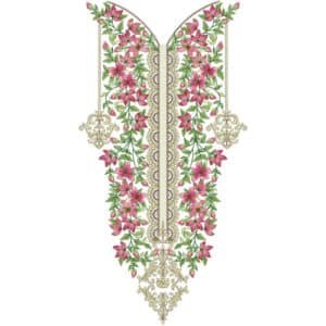 Elegant V-Shape Floral Neckline Embroidery Design with Pink Blossom Vines and Ornamental Border