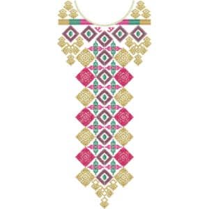 Traditional Geometric Ethnic Neckline Embroidery Design with Diamond Pattern and Vibrant Colors