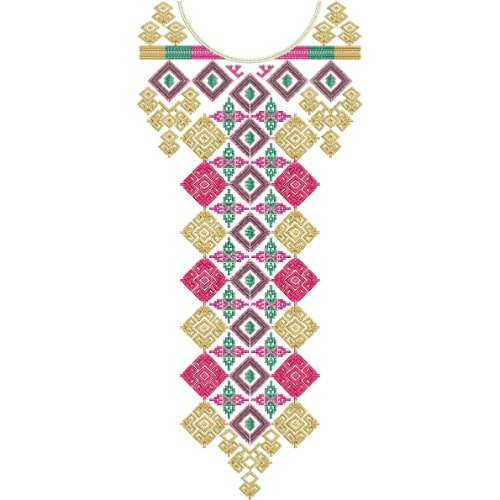 Traditional Geometric Ethnic Neckline Embroidery Design with Diamond Pattern and Vibrant Colors